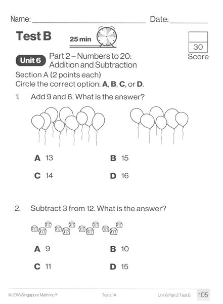 Singapore Math Tests 1A (Common Core Edition)