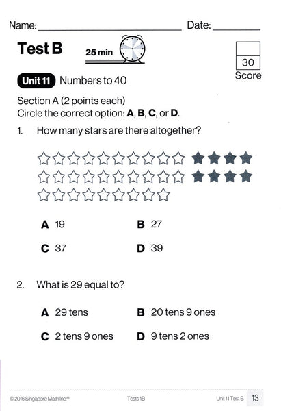 Singapore Math Tests 1B (Common Core Edition)